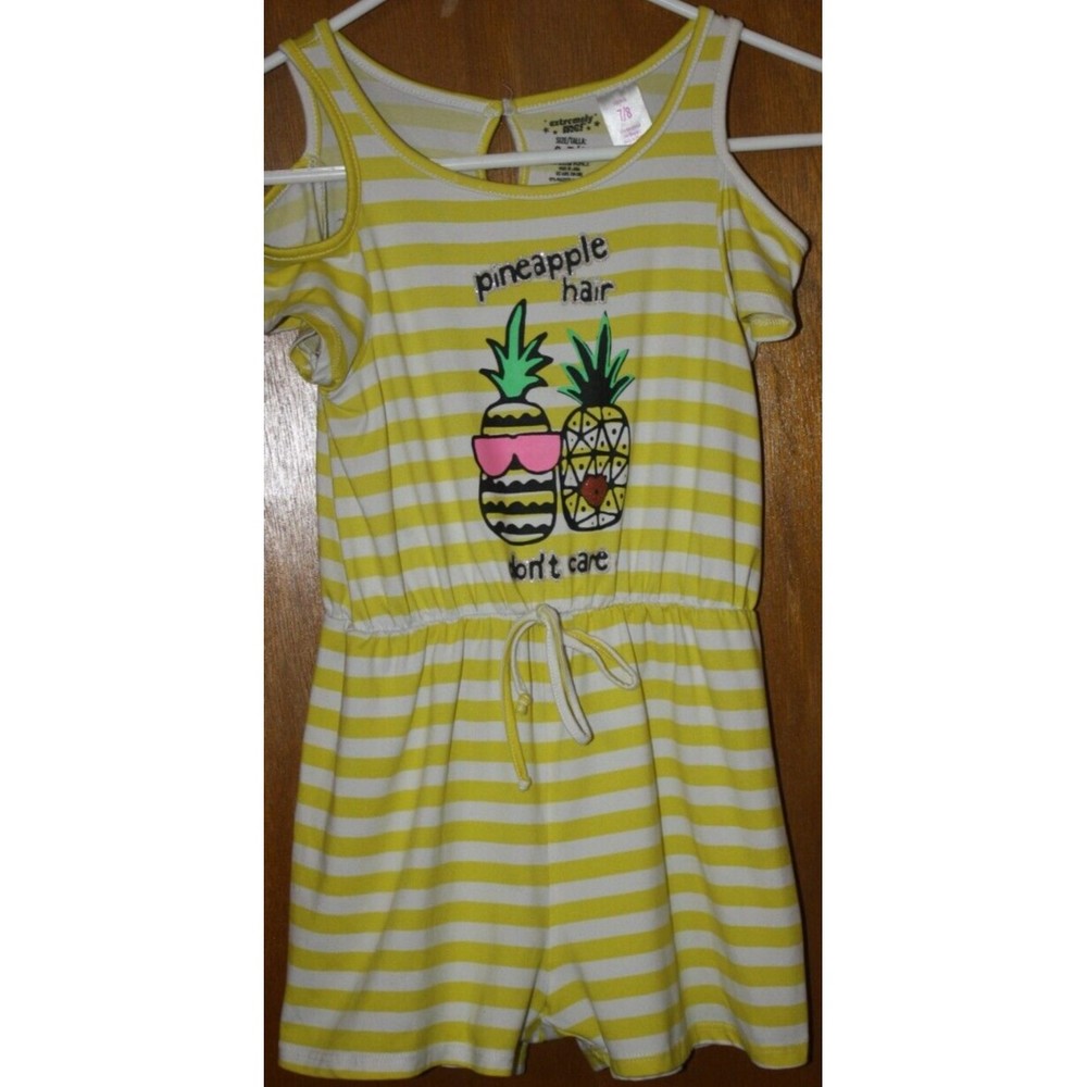 Extremely Me! Girl's Romper Sz S 7/8 Yellow Stripes Pineapple Hair Don't Care